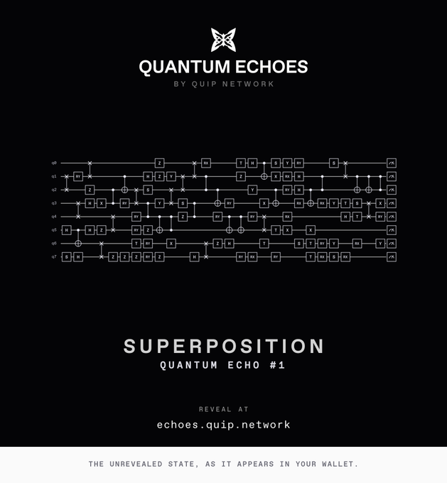 A black promotional graphic for "QUANTUM ECHOES BY QIP NETWORK" featuring a white quantum circuit diagram above the text "SUPERPOSITION QUANTUM ECHO #1" and a reveal link at echoes.qip.network.