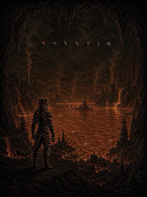 A surreal fantasy illustration shows a tiger-striped humanoid figure standing at the edge of a vast lava-lit cavern, gazing out over a glowing molten lake beneath planetary symbols arranged across the dark sky.