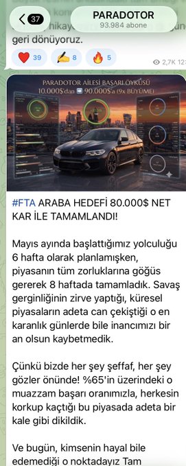 A Telegram channel screenshot from 'PARADOTR' with 93,984 subscribers, featuring a Turkish-language post about achieving an 80,000$ net profit target on a car.