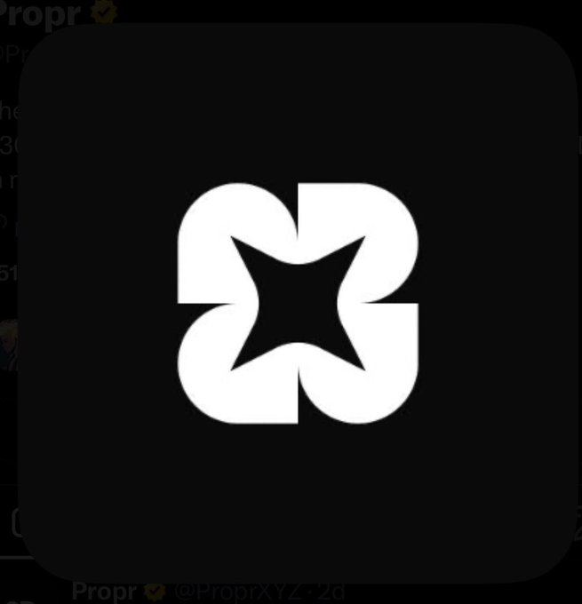 A black app icon featuring a white stylized four-petal flower with a star cutout in the center, shown over a social media post by "Propr @ProprXYZ".