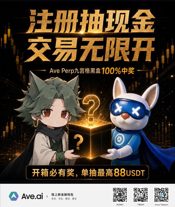 A promotional poster in Chinese and English for 'Ave.ai' featuring two cartoon characters holding a mystery box, advertising 'Ave Perp 九宫格黑盒 100% 中奖' with up to 88 USDT per box and three QR codes at the bottom.