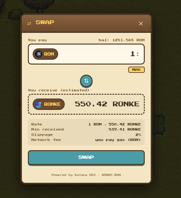 In a screenshot of a video game screen, there's a panel that displays information about a Swap feature. The main content shows two buttons labeled "RONKE" and "SWAP". The text on the screen states that you can swap RONKE in-game for another player or that you have already received a swap, indicating that it has been completed. This feature seems to be designed to make it easier for players to access certain parts of the game by directly referencing the Swap button.