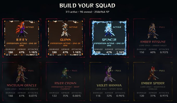 A video game 'BUILD YOUR SQUAD' menu screen displaying 8 character cards including Brey, Glenn, Spencer, Amber Kitsune, Mycelium Oracle, River Crown, Violet Hanna, and Ember Spider, showing stats like Damage, Armor, and Attacks.