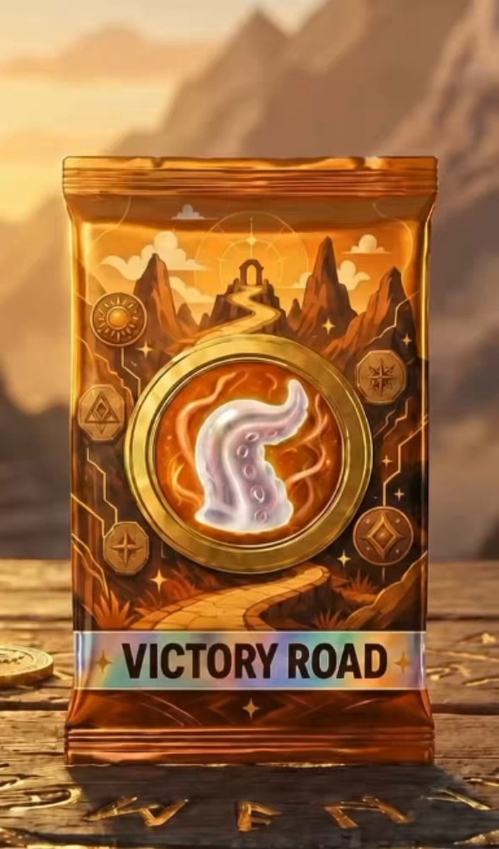 The image features a brown paper bag with a white picture of a creature inside, which appears to be a dragon or an octopus-like creature. The creature has wings and is located at the center of the bag. The bag also contains a gold star symbol on its front. The background of the image shows mountains under a sunset sky, creating a serene atmosphere. The text " Victory Road" can be seen in the image as well.