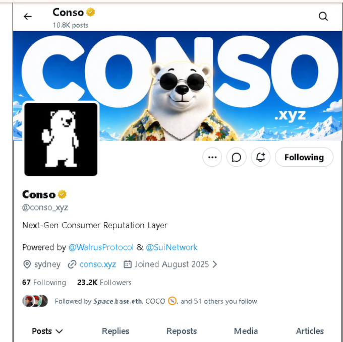 The image shows the X/Twitter profile of @conso_xyz, a verified account with 23.2K followers and 10.8K posts, branded as "Next-Gen Consumer Reputation Layer" and powered by @WalrusProtocol and @SuiNetwork. The profile's pixel-art bear logo and polar bear banner reinforce its identity, tying directly to the post's message that Conso uses Walrus to maintain verifiable, audit-ready consumer reputation data on Sui.