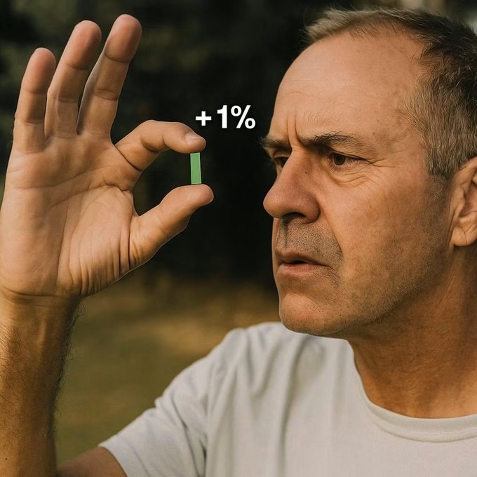 A close-up of a serious man carefully pinching a tiny green object between his fingers, with the text '+1%' overlaid near his hand.