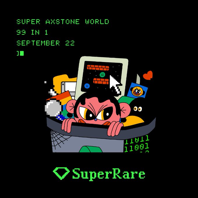 A pixel art illustration shows a pink angry character peering out of a treasure chest overflowing with retro gaming items—bricks, a rainbow, a Pokeball-like sphere, and a bomb—against a black background with green pixel text reading "SUPER AXSTONE WORLD 99 IN 1 SEPTEMBER 22" and the SuperRare logo, promoting the upcoming 99-piece collection release on SuperRare.