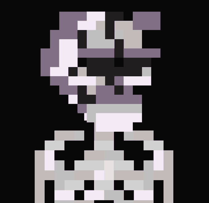 A pixelated, glitch-style portrait of a figure in purple, black, and white tones against a black background.