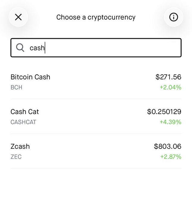A screenshot of a 'Choose a cryptocurrency' search menu displaying results for 'cash', including Bitcoin Cash (BCH) at $271.56, Cash Cat (CASHCAT) at $0.250129, and Zcash (ZEC) at $803.06.