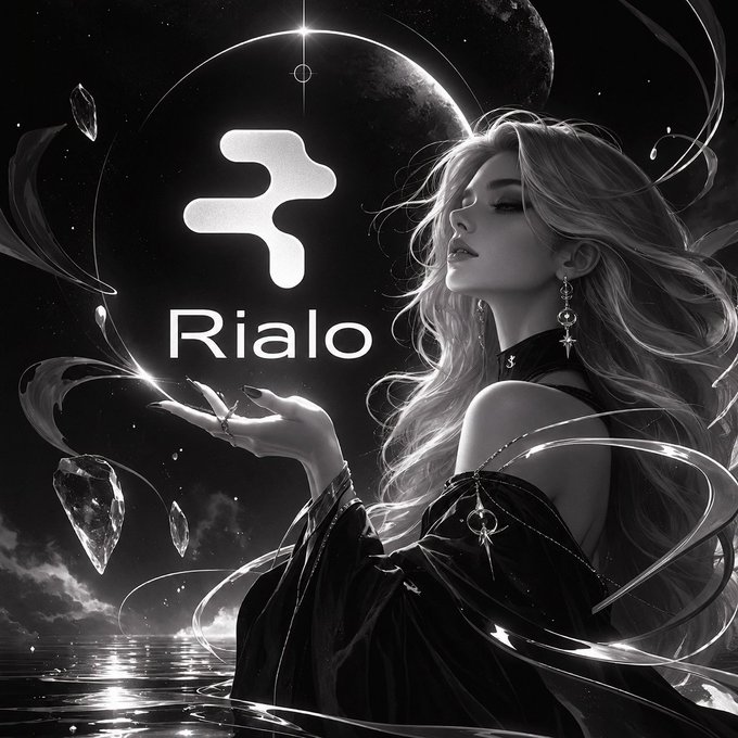 A black and white promotional graphic featuring an ethereal woman with flowing hair beside the text "Rialo" and a stylized logo, set against a cosmic backdrop with floating crystals.
