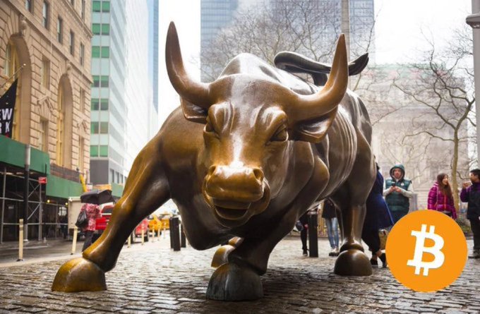 The iconic Charging Bull statue stands defiantly on a city street with a Bitcoin logo overlay, symbolizing the unstoppable momentum and aggressive accumulation of Bitcoin by long-term holders as they charge into the market.