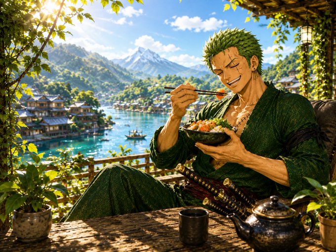 An anime-style swordsman with green hair, facial scars, and a green kimono enjoys a bowl of food with chopsticks overlooking a scenic lakeside village.