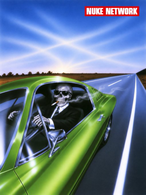 Stylized illustration of a green muscle car driving down an open road, with a skeleton in a black suit and sunglasses smoking a cigar behind the wheel; a red banner reads 'NUKE NETWORK' in the upper right.