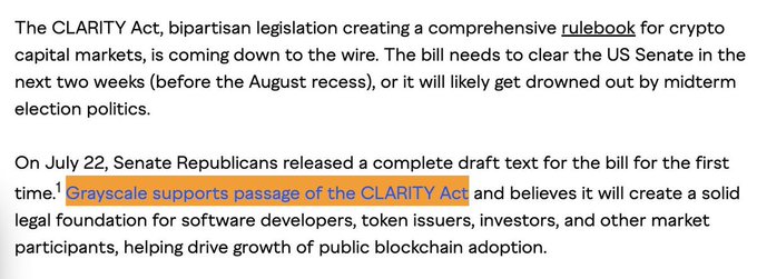 **Caption:** Excerpt from a statement showing Grayscale's support for the CLARITY Act, following the Senate Republicans' release of the bill's draft text on July 22.

**Relationship to the post:** The image provides direct evidence of Grayscale publicly backing the crypto regulation legislation, visually confirming the post's claim.