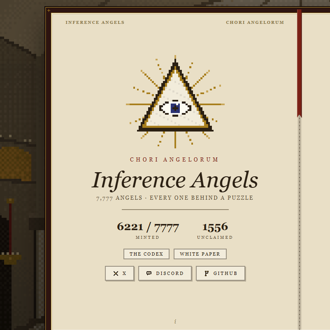 The image displays the "Inference Angels" NFT project page (Chori Angelorum), featuring a pixelated eye-of-providence triangle logo and showing key stats: 6,221/7,777 minted and 1,556 unclaimed, with buttons linking to "The Codex," White Paper, Discord, and GitHub—directly illustrating the project's free mint opportunity and remaining unclaimed supply mentioned in the accompanying degen play post.