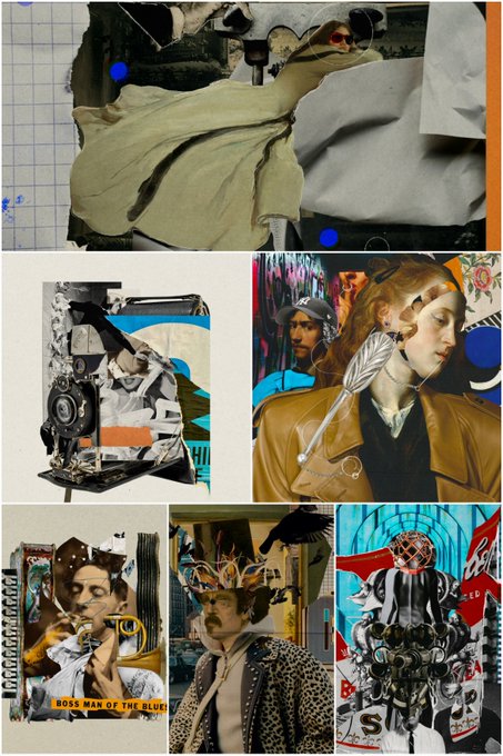 A collage of various artistic compositions featuring vintage photographs, classical painting fragments, and street art elements arranged in a mixed-media style.