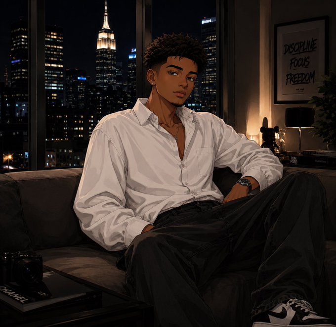 An illustrated portrait of a young man in a white shirt sitting on a couch against a city skyline backdrop, with a framed 'DISCIPLINE FOCUS FREEDOM' poster visible on the wall.