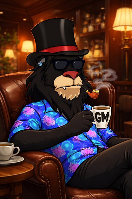 An anthropomorphic black bear wearing a top hat, sunglasses, and a blue floral Hawaiian shirt, smoking a pipe and holding a mug labeled 'GM' while relaxing in a leather chair.