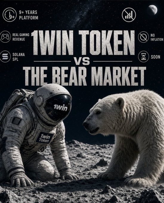 A promotional graphic titled "1WIN TOKEN vs THE BEAR MARKET" depicts a small astronaut in a spacesuit being charged by a massive polar bear on a lunar-like surface against a starry sky. Surrounding icons highlight key features: "9+ YEARS PLATFORM," "REAL GAMING REVENUE," "SOLANA SPL," "NO INFLATION," and "SOON," reinforcing the post's message about the project's resilience and preparation during bearish market conditions.