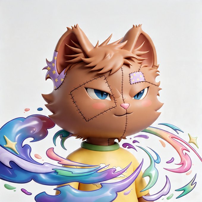 3D render of a stylized cat character with stitched patches (resembling Frankenstein's monster) and star-decorated purple ears, surrounded by colorful swirling magical energy.