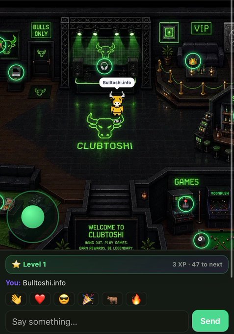 A virtual environment called 'CLUBTOSHI' with neon green accents, featuring a bull logo, 'BULLS ONLY' and 'VIP' sections, gaming areas, and a chat input at the bottom.