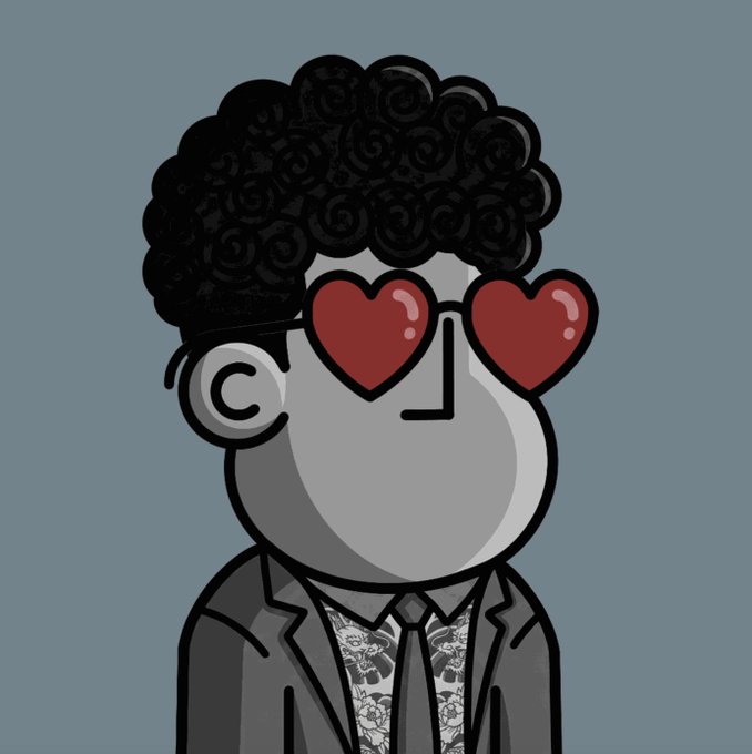 A cartoon avatar of a curly-haired figure wearing heart-shaped sunglasses, a patterned shirt, tie, and suit jacket embodies the "GM" (Good Morning) energy and playful "NPC weekend" vibe of the post.
