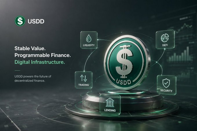 A promotional graphic for USDD featuring a glowing green coin logo, with text reading 'Stable Value. Programmable Finance. Digital Infrastructure.' and 'USDD powers the future of decentralized finance,' alongside icons for Liquidity, DeFi, Trading, Lending, and Security.
