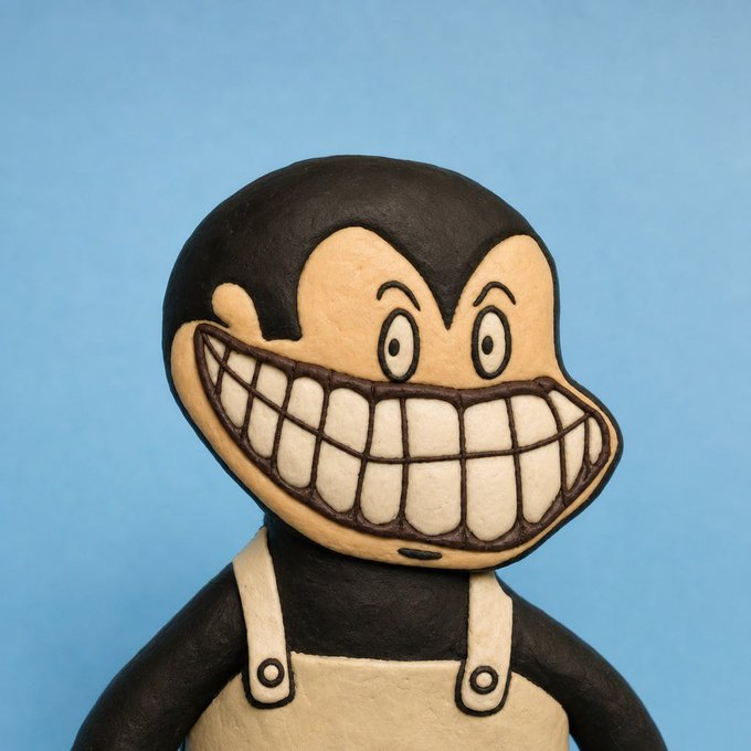 A close-up of a clay or sculpted figurine depicting a character with a large, exaggerated grinning face showing many teeth, wearing tan overalls against a blue background.
