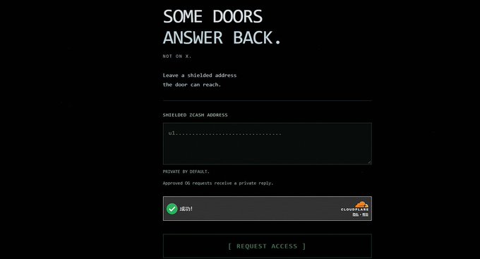 The image shows a dark-themed access request form with the headline "SOME DOORS ANSWER BACK. NOT ON X," featuring a field for a shielded Zcash address, a Cloudflare CAPTCHA ("i'mhuman"), and a "[ REQUEST ACCESS ]" button. It corresponds to the post announcing limited OG access for 420 participants via blackdoor.fun, emphasizing privacy by default and requiring only a shielded Zcash address rather than public proof.