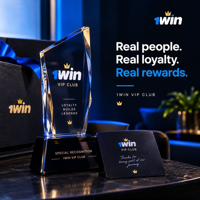 A promotional banner for 1WIN VIP CLUB featuring a crystal trophy engraved with '1WIN VIP CLUB LOYALTY BUILDS LEGENDS' and 'SPECIAL RECOGNITION,' alongside the tagline 'Real people. Real loyalty. Real rewards.'