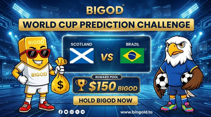 The image features a poster for a World Cup Prediction Challenge sponsored by BIGOD. The poster includes two cartoon characters, an eagle and a penguin, dressed in soccer uniforms, standing against a blue background with white text that reads "BIGOD World Cup Prediction Challenge $150 BIGOD Reward Pool Predict the exact final score and everyone who gets it right will share the reward pool equally! How to participate:  Follow @BIGODToken  Repost this post  Comment your score prediction below Entries close". The poster is designed in a way that encourages people to participate by offering a reward for correctly predicting the outcome of the World Cup.