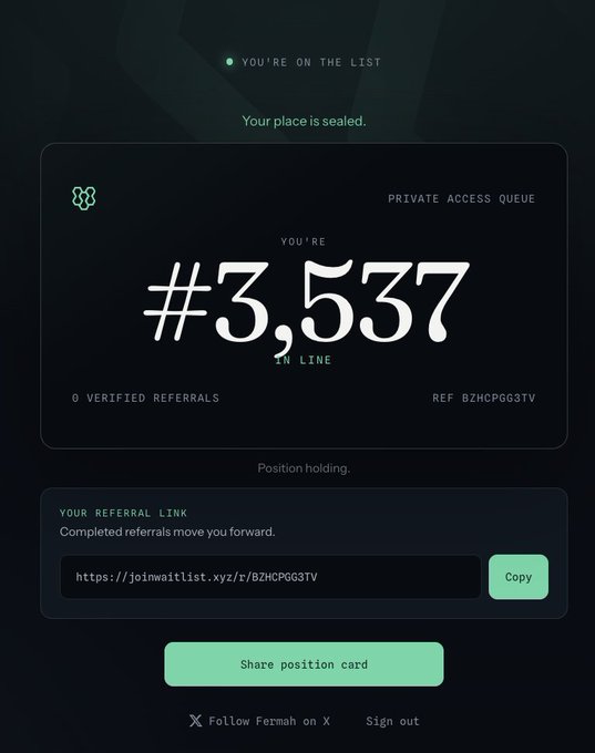 A 'YOU'RE ON THE LIST' confirmation screen showing position #3,537 in a private access queue, with a referral link (https://joimwaitlist.xyz/r/BZMCPGG3TV) and a 'Share position card' button for Firmah.