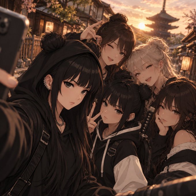 An anime-style illustration depicts a group of five girls with dark and light hair posing together for a selfie in traditional Japanese setting at sunset.