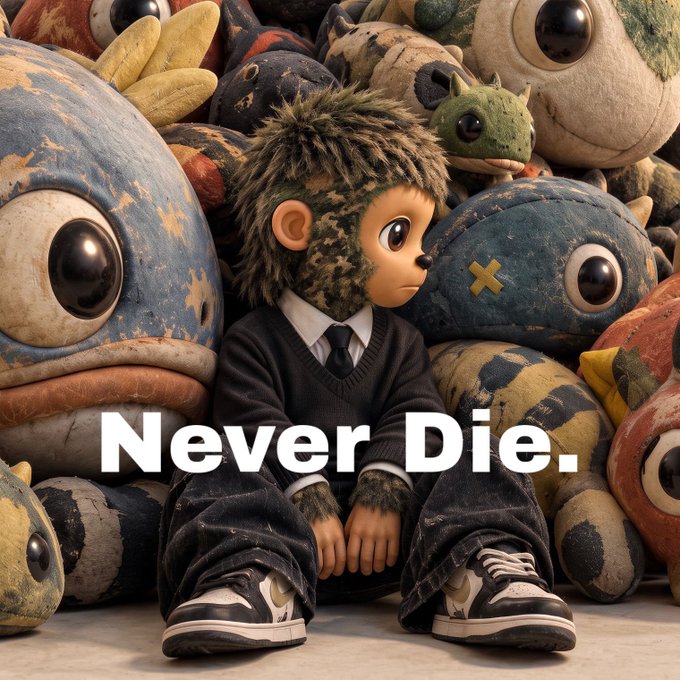 An artistic image of a doll-like figure in a suit surrounded by plush toys, with the bold text 'Never Die.' overlaid.