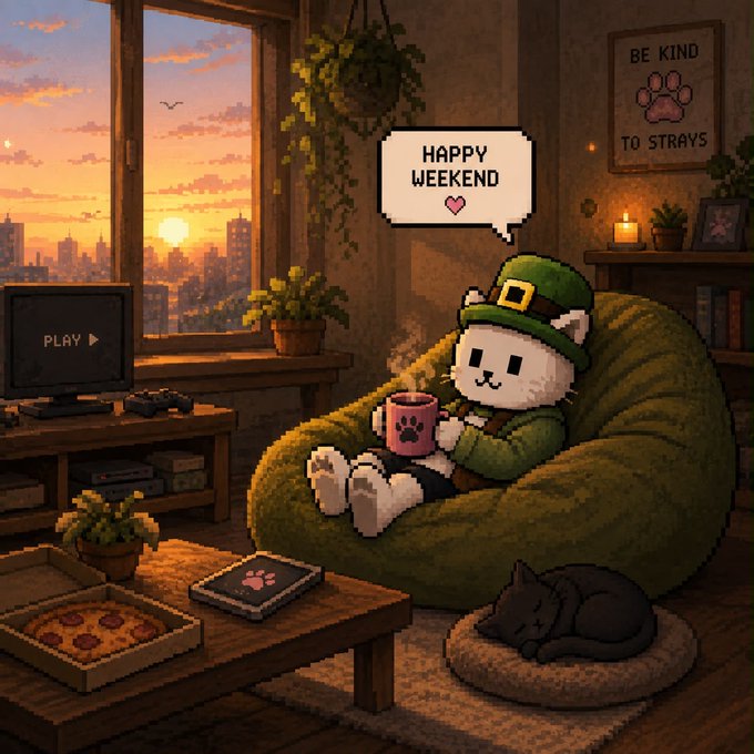 A pixel art illustration of a cat wearing a green hat and sweater, sitting on a beanbag chair holding a mug while a speech bubble says "HAPPY WEEKEND."