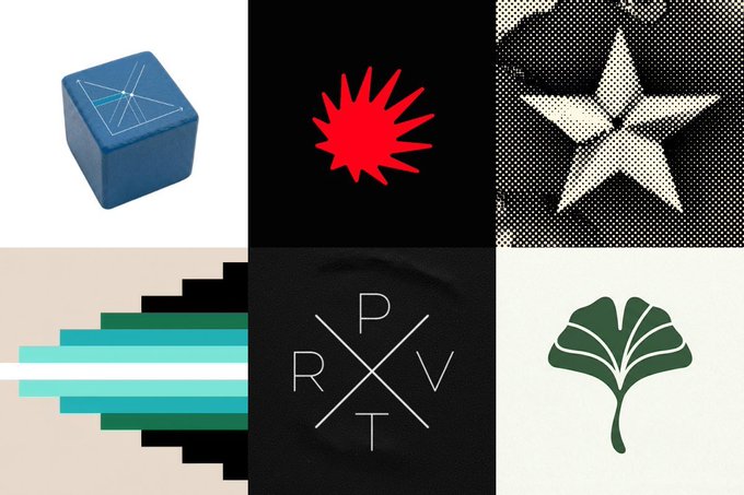 The image features a collection of six different logos, each with its own unique design and color scheme. The logos include a blue cube, a red star, a green leaf, a black and white patterned background, a white and green striped pattern, and a black and white logo featuring the letters "PRXVT". Each logo is accompanied by a caption that provides information about the image or its relation to the post.