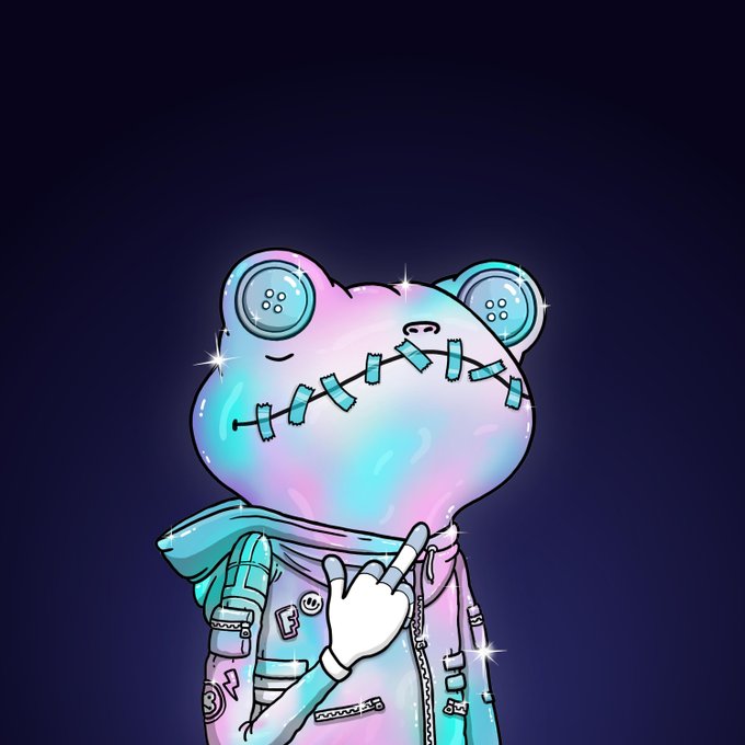 An illustration of a stitched-up, pastel-colored cartoon frog character with buttons for eyes, making a peace sign against a dark background.