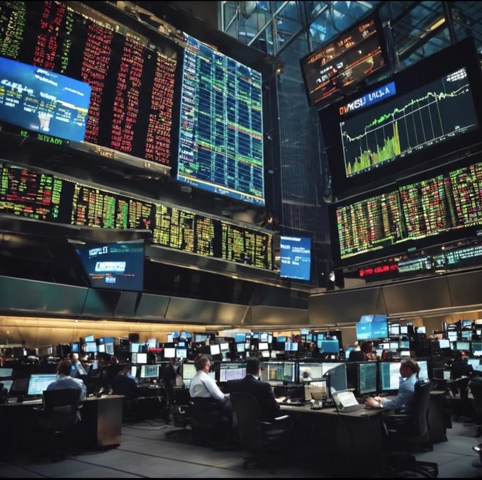 A bustling trading floor filled with monitors displaying financial data, charts, and stock tickers, with traders working at their stations.