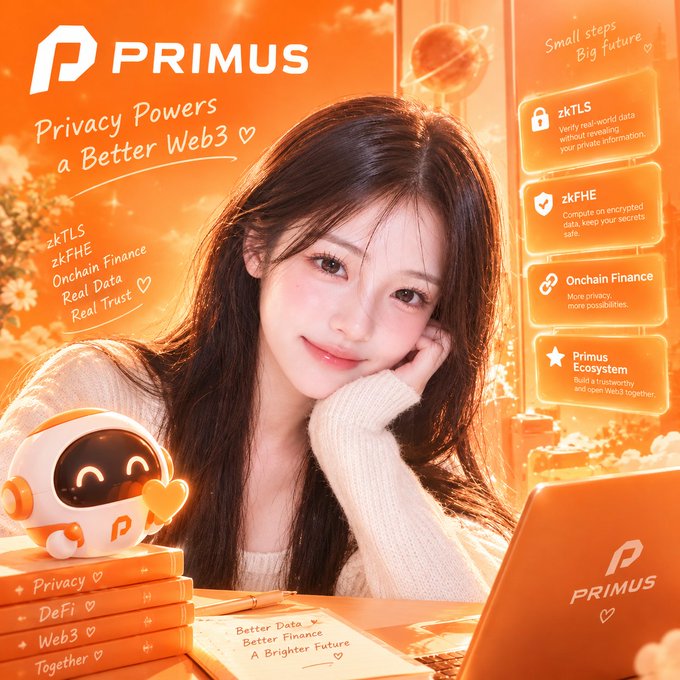 An orange-toned PRIMUS promotional graphic shows a smiling young woman at a laptop with a small robot mascot. Text includes “PRIMUS,” “Privacy Powers a Better Web,” “zkTLS,” “zkFHE,” “Onchain Finance,” and “Primus Ecosystem.”
