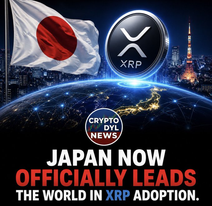 A promotional graphic featuring the Japanese flag, Tokyo Tower, and a stylized globe alongside a large XRP logo, with "CRYPTO DYL NEWS" branding and the headline "JAPAN NOW OFFICIALLY LEADS THE WORLD IN XRP ADOPTION," visually reinforcing the post's message about Japan's leading role in XRP adoption among major financial and blockchain markets.