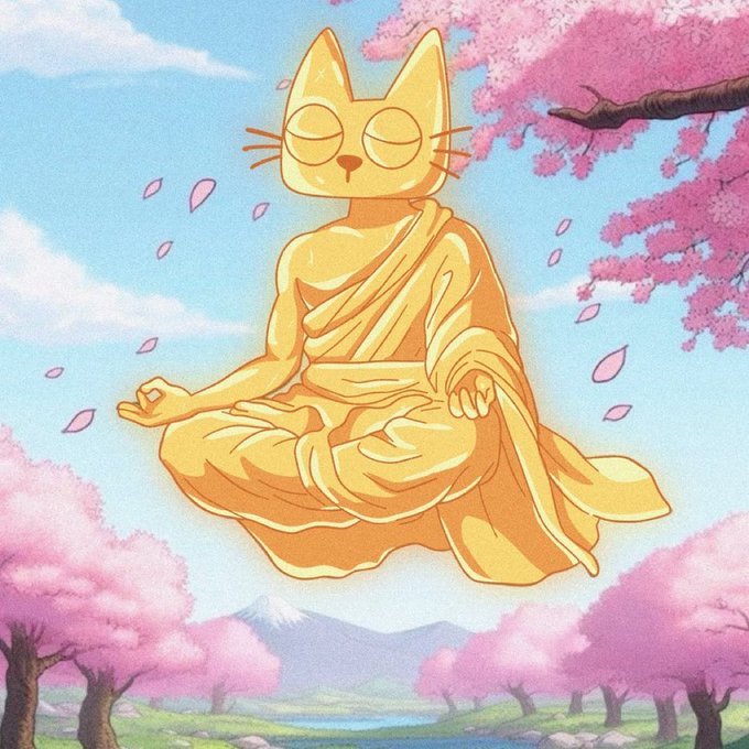 A golden cat monk meditates peacefully, floating in lotus position amid falling cherry blossom petals with pink trees and snow-capped mountains in the background. The image evokes zen-like enlightenment and serenity, metaphorically representing the meditative verification process the post suggests when examining the @cetsongold project ($CETS).