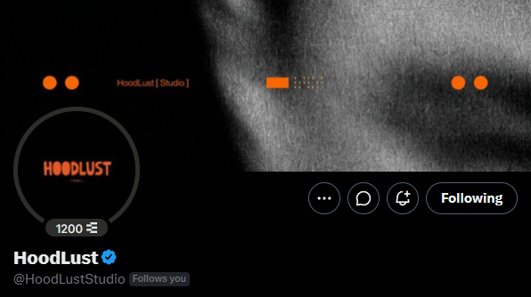 A Twitter/X profile page for HoodLust (@HoodLustStudio) with a verified blue checkmark, displaying 1200 posts and the text 'Follows you' and 'Following'.