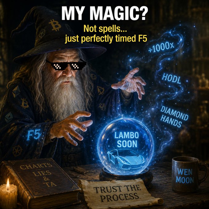 A crypto meme featuring a wizard in Bitcoin-themed robes with pixel sunglasses casting magic over a crystal ball showing a Lamborghini, captioned 'MY MAGIC? Not spells... just perfectly timed F5' with slogans like 'HODL', 'DIAMOND HANDS', 'LAMBO SOON', and 'WEN MOON'.