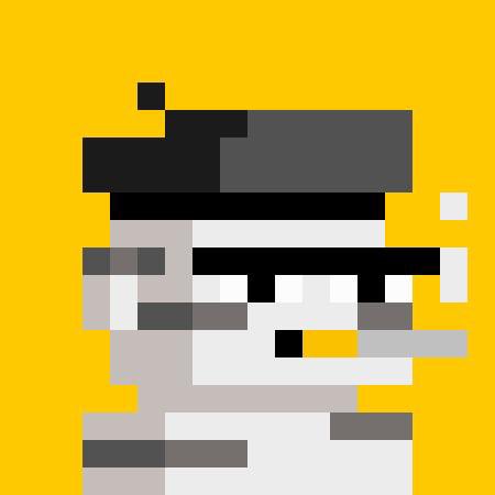 A pixelated gray and black character with sunglasses and a mustache stands against a solid yellow background.