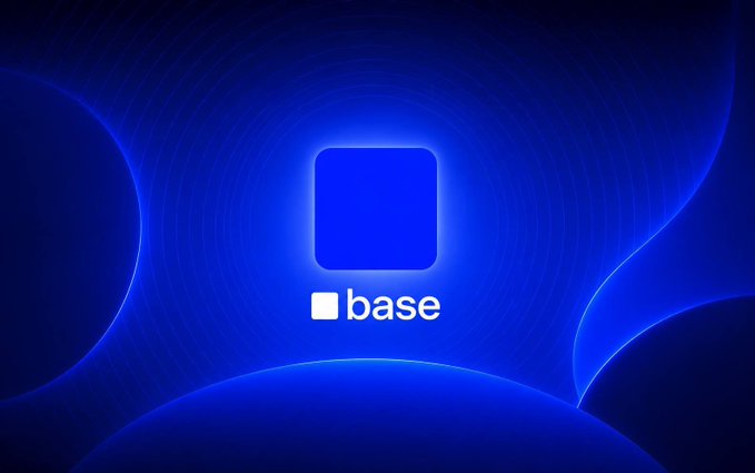 A blue promotional image for Coinbase's Base, featuring a gradient blue background with curved design elements and the 'base' logo centered.