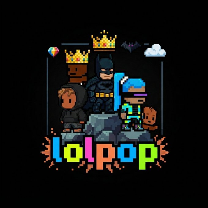 A pixel art design featuring Batman, two crowned characters, and other figures, with the colorful 'lolpop' logo at the bottom.