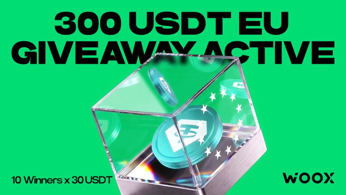 A bright green promotional banner announcing a '300 USDT EU GIVEAWAY ACTIVE' with '10 Winners x 30 USDT', sponsored by WOOX, featuring an image of a glass case containing a glowing token.