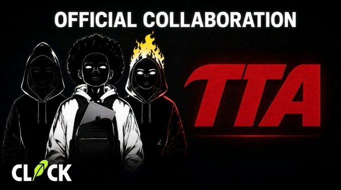A promotional graphic announces an 'OFFICIAL COLLABORATION' between 'CLOCK' and 'TTA', featuring stylized illustrations of three hooded figures with glowing eyes, one with a flaming head.