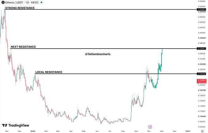 A TradingView chart of 'Ethena / USDT' on MEXC showing support levels at 0.26563, 0.35063, and 0.50509, with recent price action around 0.24659.