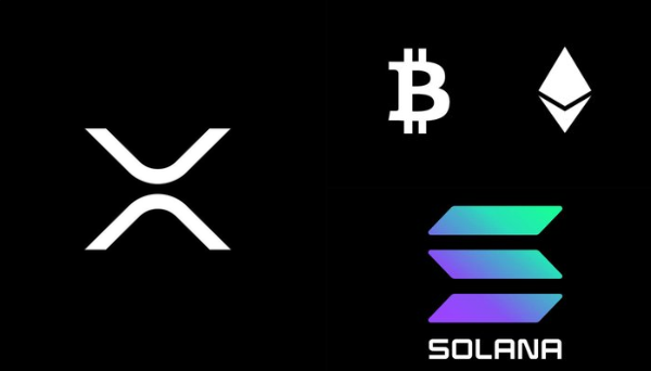 A black image displays the white XRP logo on the left and three cryptocurrency logos on the right—Bitcoin (₿), Ethereum (♦), and Solana (SOL)—corresponding to the assets mentioned in the whale watch report highlighting institutional capital outflows.